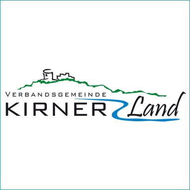 Logo der Verbandsgemeinde Kirner Land mit Wasserlauf und Bergsilhouette.